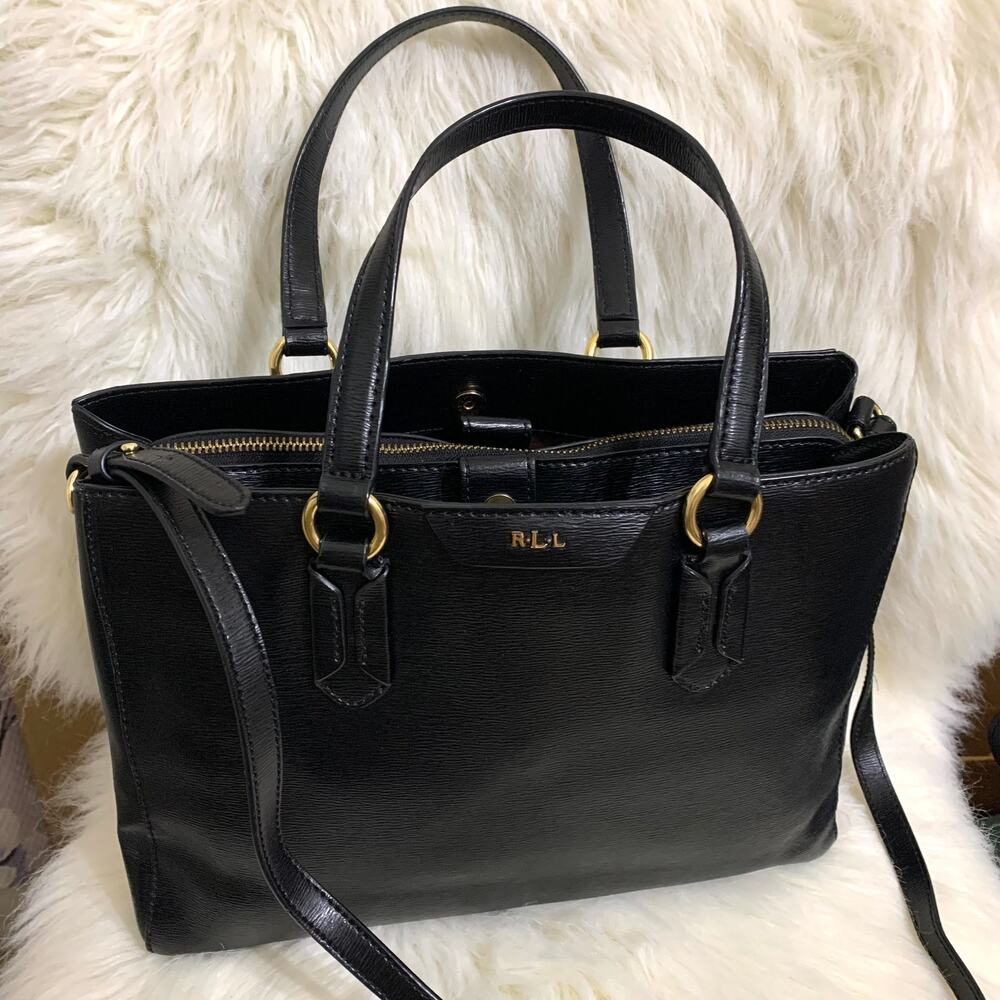 RALPH LAUREN Glossy Black EPI Textured Leather SLOAN STREET Satchel w/Strap